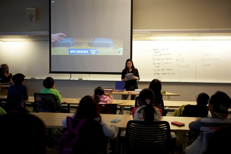 An ESL/American Culture teacher explains the game Battleship to the students with an explanatory video. Photo by Mariko Osterberg / WWU Communications and Marketing intern 