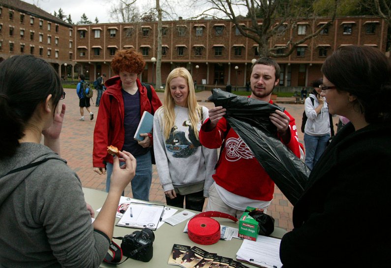 WWU students entering the fictional nation Democratic People's Republic of Liberty were given free pizza but had to sign away their First Amendment rights. Photo by Shea Taisey | University Communications intern