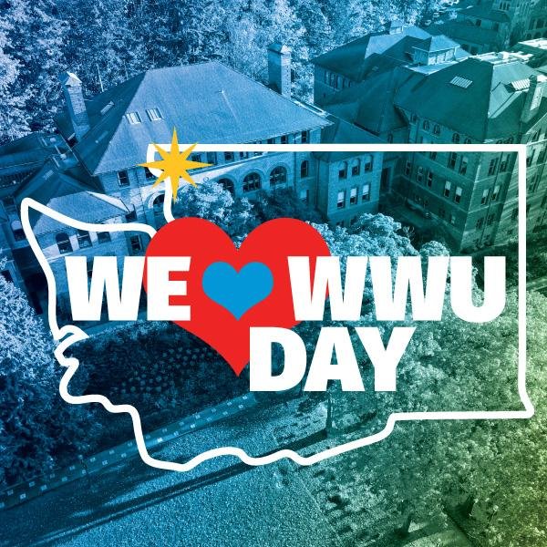Aerial photo of Old Main overlaid with the wordmark "we love WWU"