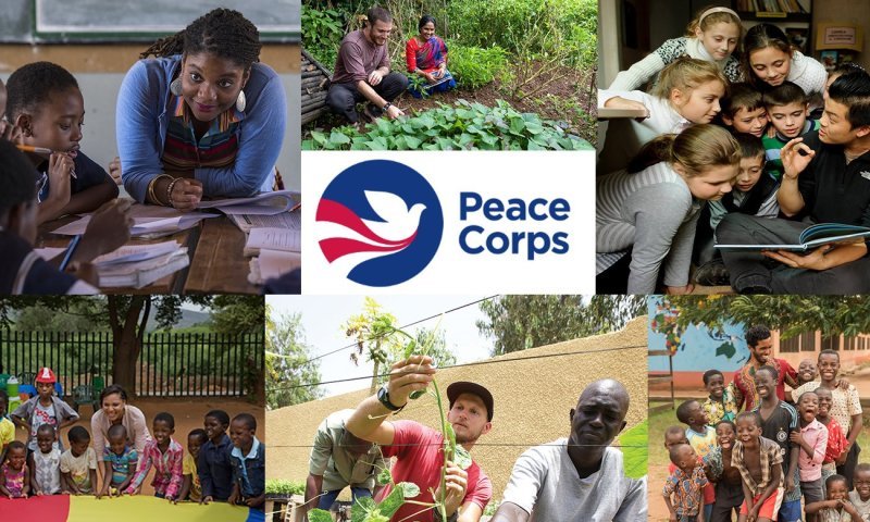 collage of peace corps volunteers working, studying and playing with children and adults overseas