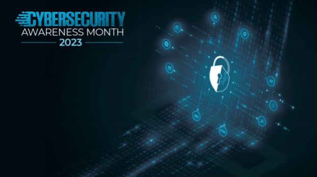 Cybersecurity month poster features a dark background a light blue lock on a circuit board