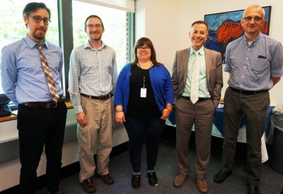 Members of the 2016 award review committee, with Dean of Libraries Mark Greenberg, (L to R) :  Javier Berzal de Dios (Art History), Tim Kowalczyk (Chemistry), Elizabeth Stephan (Western Libraries), Mark Greenberg, and Jeff Purdue (Western Libraries).