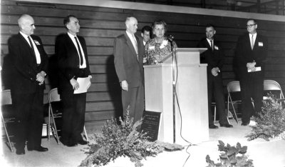 Fred Bassetti, second from the right, stands onstage at a dedication ceremony for Carver Gymnasium in 1961. Photo courtesy of Special Collections / WWU