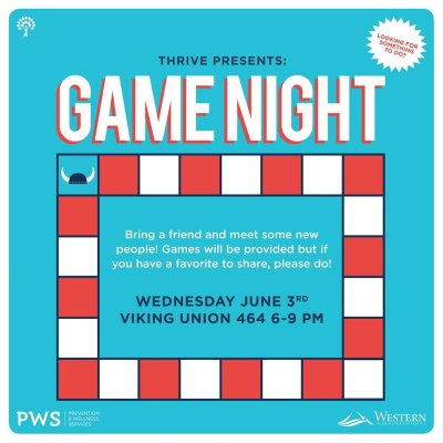 The THRIVE program in Prevention and Wellness Services is holding a special game night from 6 to 9 p.m. in Viking Union Room 464. Bring a friend and meet some new people. Games will be provided, but feel free to bring your favorite to share, too.