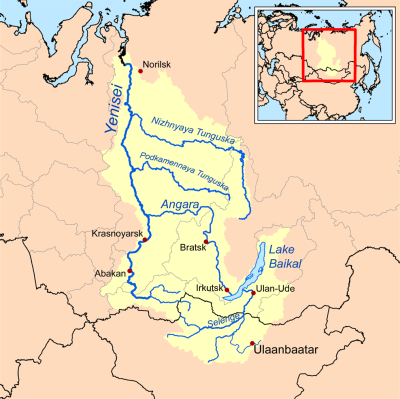 The massive and remote Yenisei River basin in Siberia (map courtesy Wikipedia).