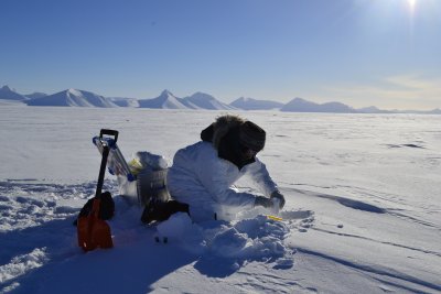 Sampling snow on the Kongsvegen Glacier in Svalbard in March 2017 through funding from the Svalbard Science Forum and Norwegian Polar Institute.