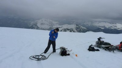 Using steam, Doug Clark drills on Mount Baker's Easton Glacier on a recent Saturday to install ablation stakes to track glacier mass-balance on the mountain. Photo courtesy of Doug Clark